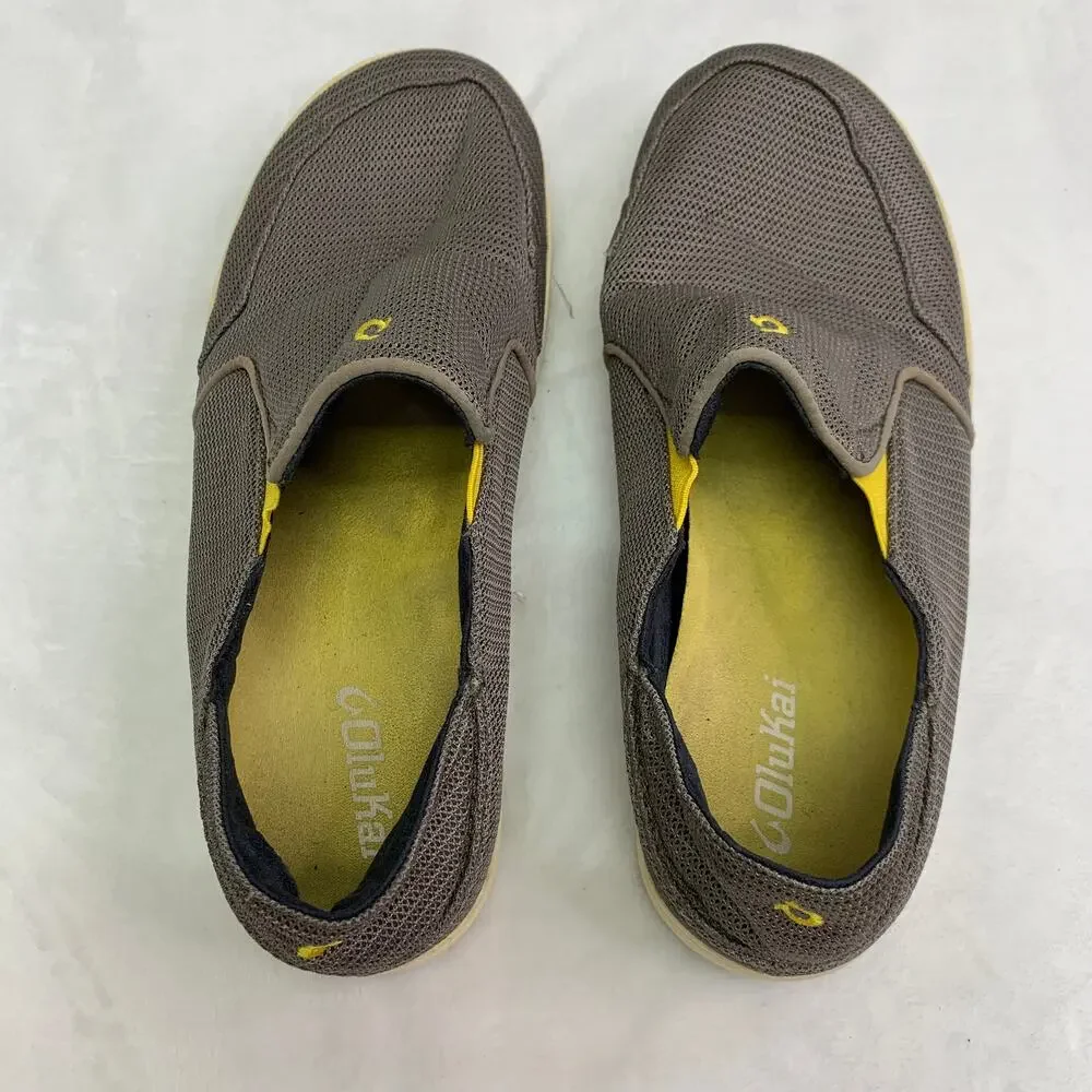 OluKai Mens 8.5 Nohea Mesh Sneakers Lace Up Slip On Comfort Shoes Gray Yellow